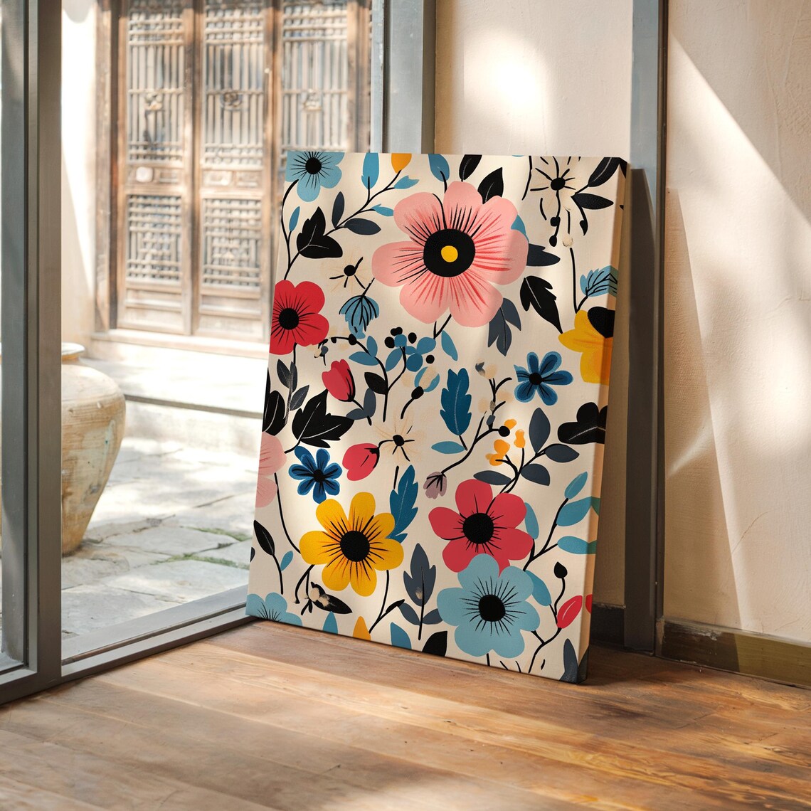 Vibrant Floral Blossoms Pink Red Yellow Blue Bold Botanical Poster