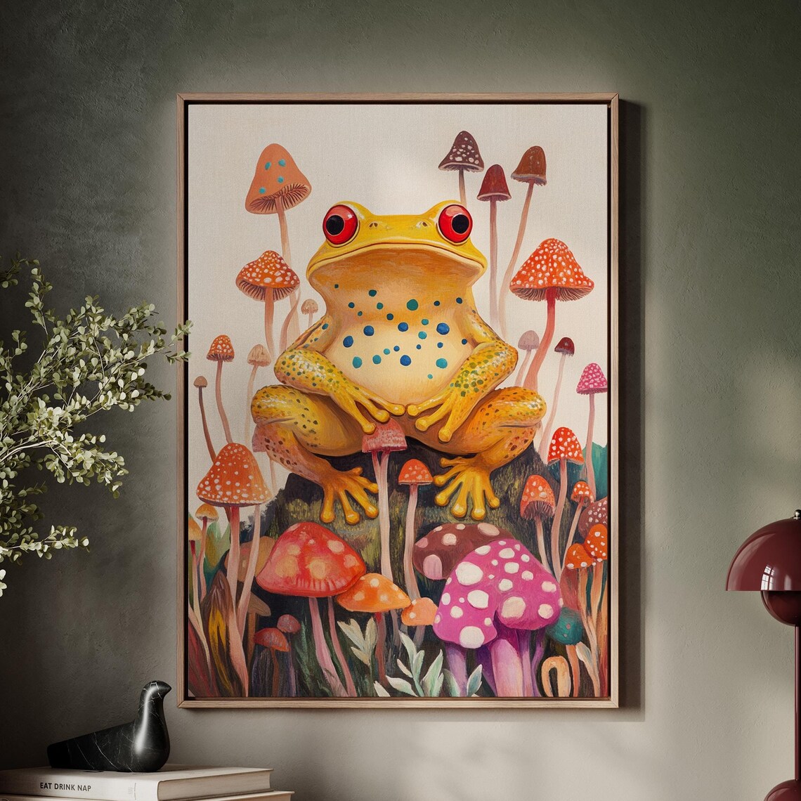 Yellow Spotted Frog Among Colorful Mushrooms Whimsical Nature Art Poster