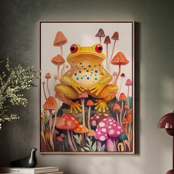 Yellow Spotted Frog Among Colorful Mushrooms Whimsical Nature Art Poster