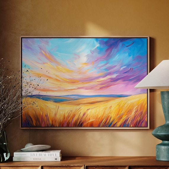 Golden Wheat Field At Sunset Vibrant Impressionist Landscape Painting Wall Art Print For Serene Wall Decor
