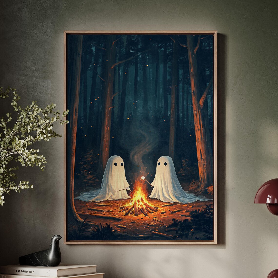 Two Cute Ghosts Campfire Marshmallows Dark Forest Halloween Wall Poster - Image 5