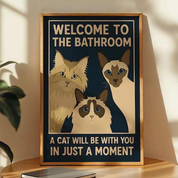 Welcome To The Bathroom Three Fluffy Longhaired Cats Navy Poster