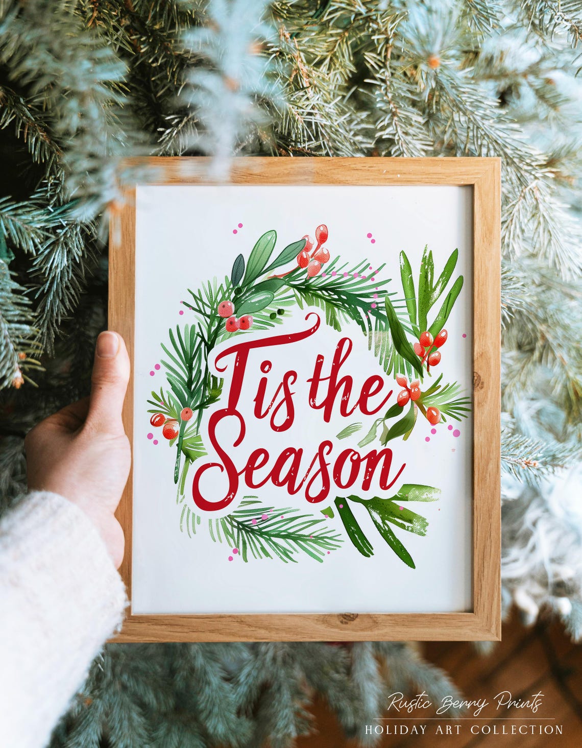 Tis the Season Red Script Pine Wreath Christmas Quote Holiday Poster