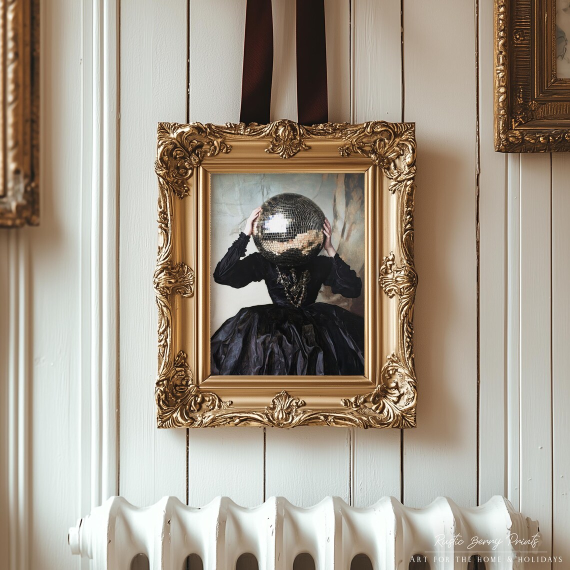 Black Gown Woman Disco Ball Head Mysterious Antique Art Print - Image 3