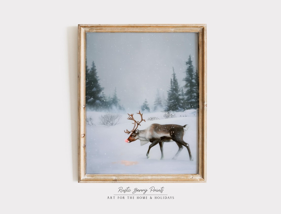 Red Nosed Reindeer Trotting Through Snowy Pine Forest Winter Art Print