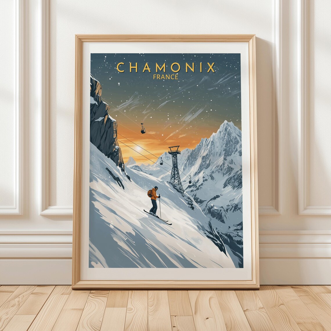 Chamonix France Sunset Skier Alps Gondola Ski Gift Travel Poster