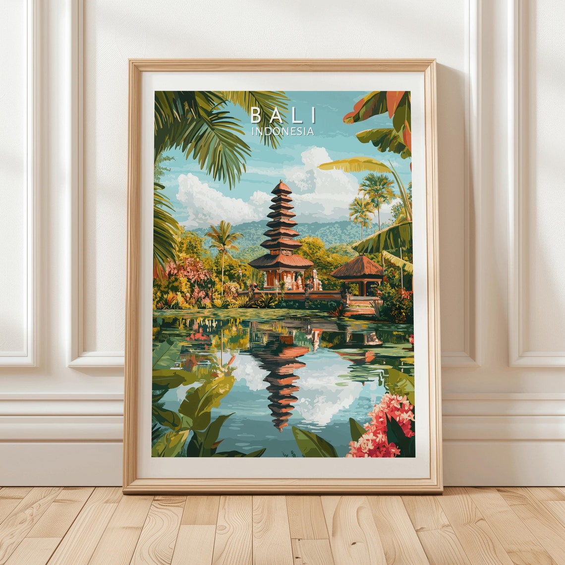 Bali Temple Reflection Tropical Garden Indonesia Travel Art Poster