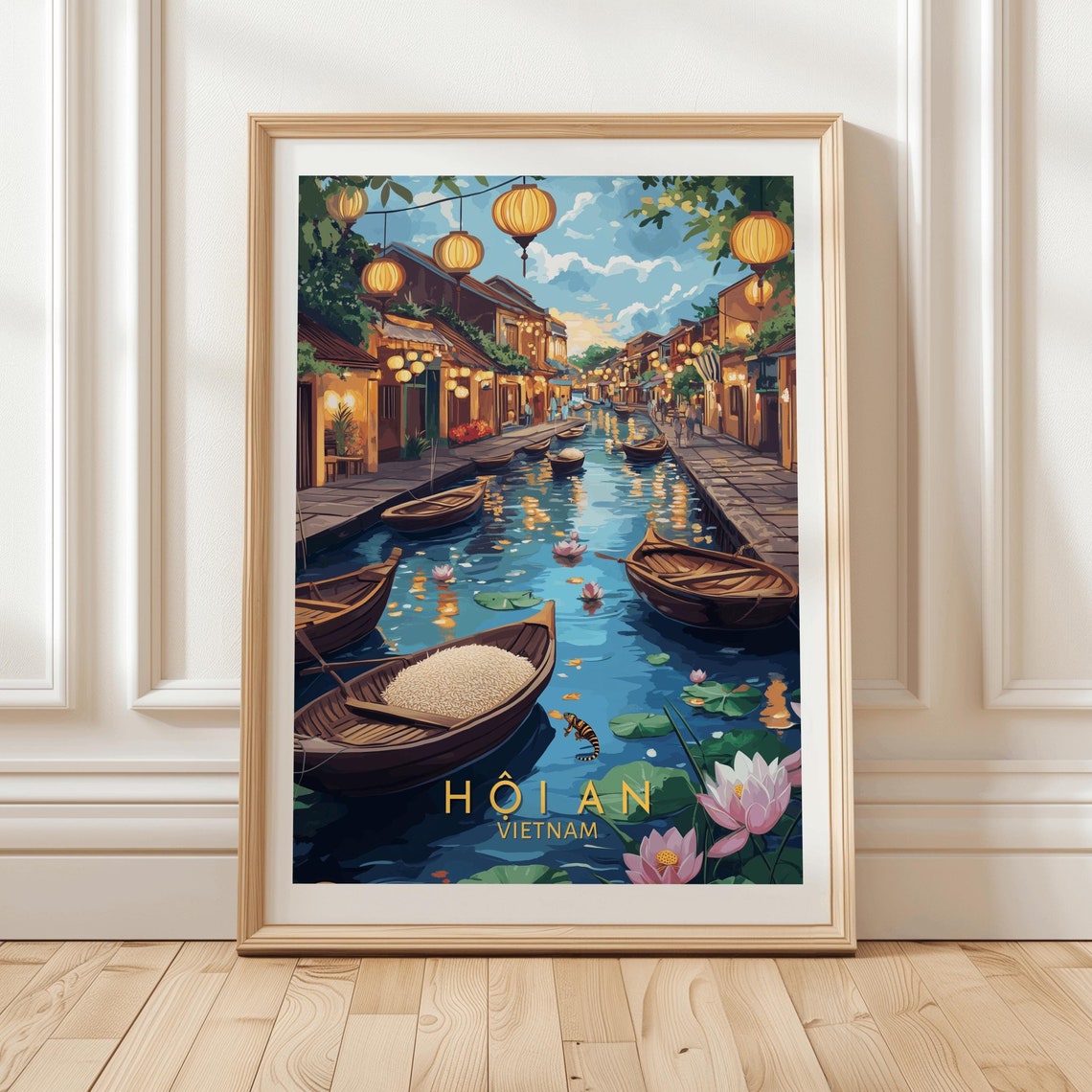 Hoi An Vietnam Lantern Canal Boats Riverside Night Travel Poster