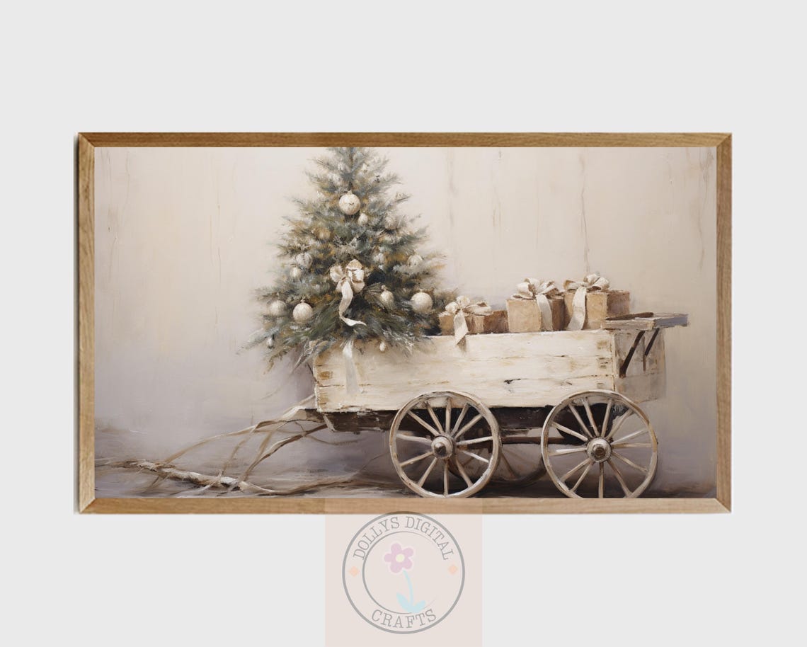 Rustic White Christmas Tree Wagon Holiday Farmhouse Decor Wall Art