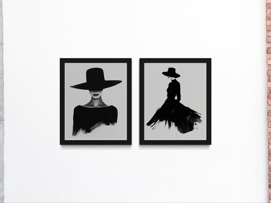 Two Piece Black And White Woman With Hat Portrait Art Print Set