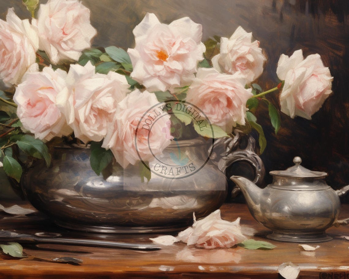 Pink Roses Silver Vase Still Life Oil Painting Floral Poster - Image 4