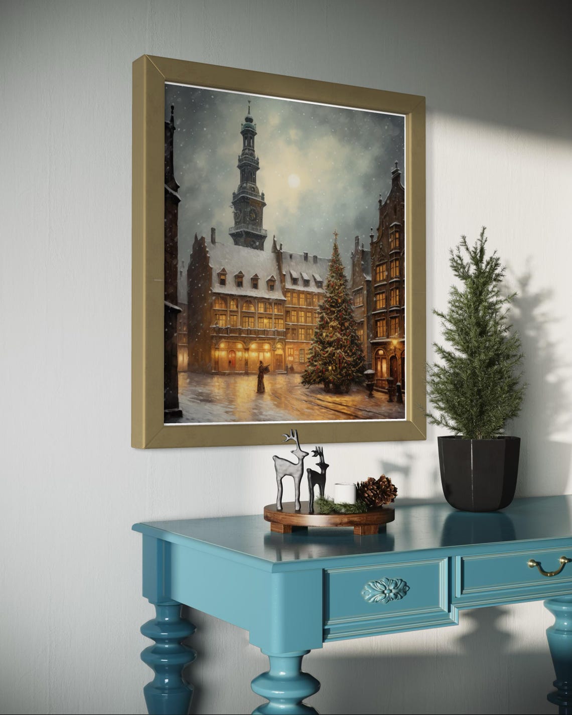 Snowy European Town Square Clock Tower Christmas Scene Poster - Image 5