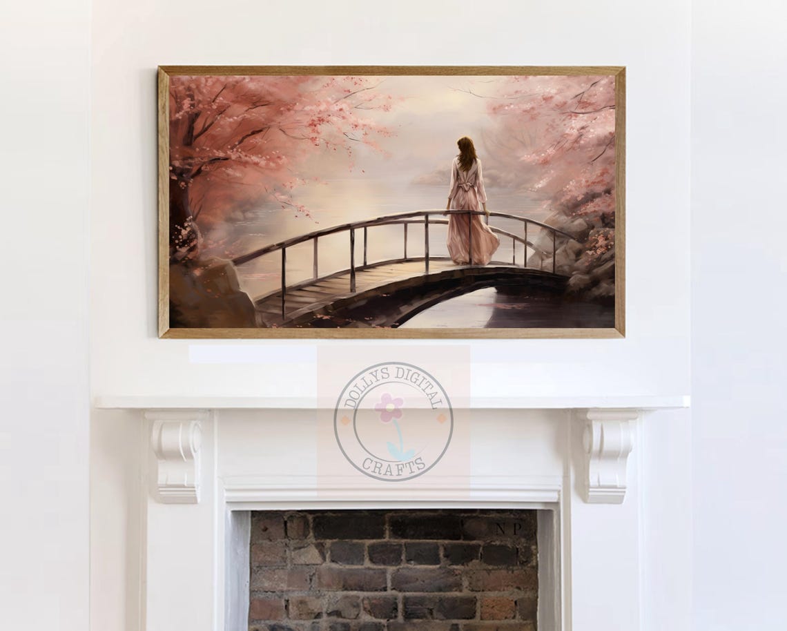 Woman Bridge Cherry Blossom Misty Lake Dreamy Calm Poster Home Decor - Image 7