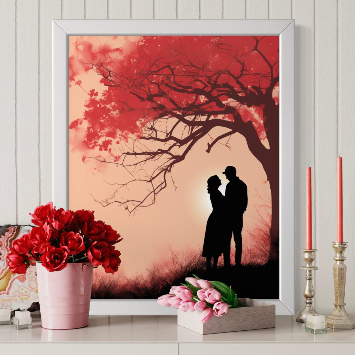 Couple Silhouette Red Tree Sunset Warm Romantic Love Poster Home Decor - Image 4
