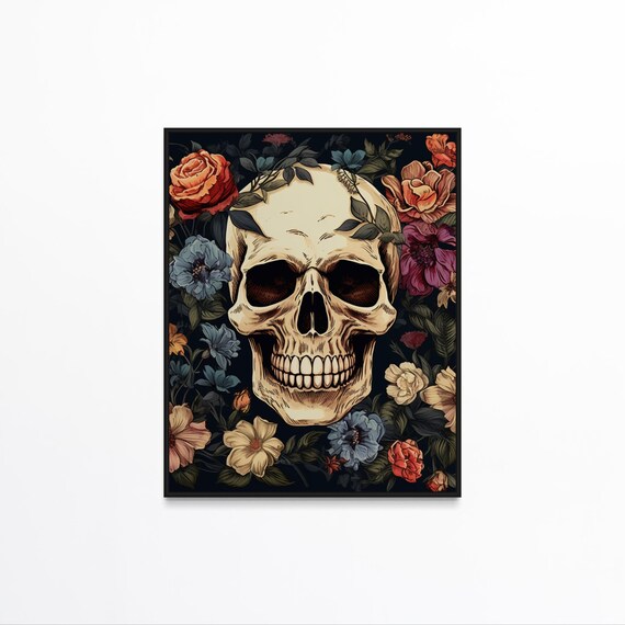 Vintage Floral Skull With Colorful Roses Gothic Dark Art Poster
