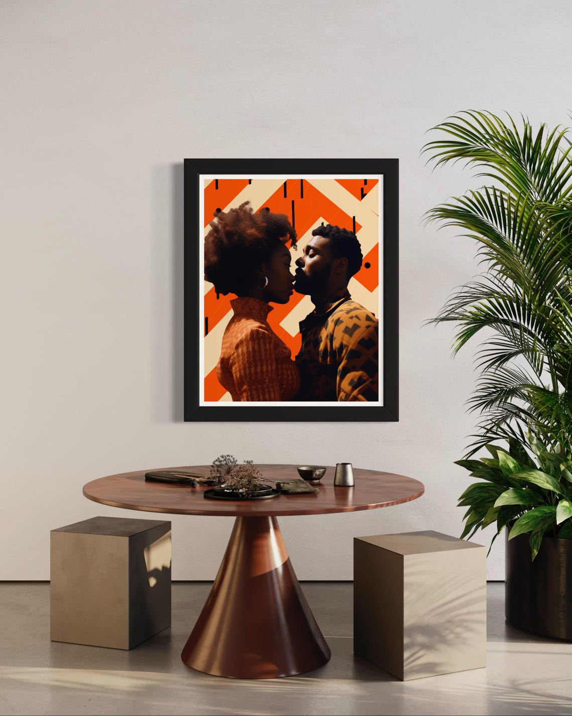 Black Couple Kiss Moment Orange Geometric Modern Romance Poster - Image 6