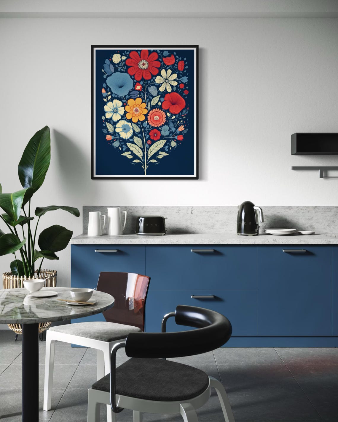 Folk Flower Bouquet On Dark Navy Red Orange Blossom Art Poster - Image 6