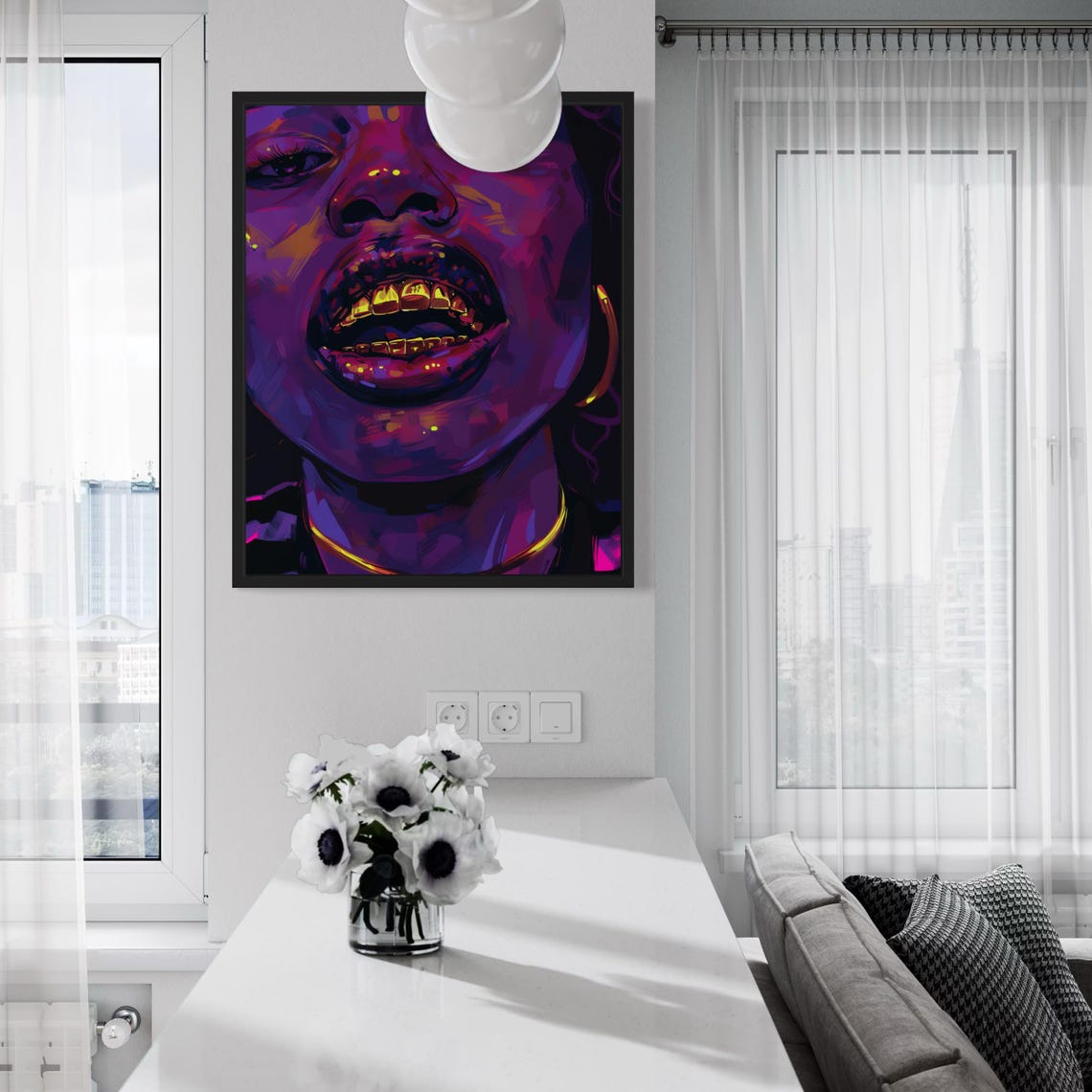 Neon Purple Portrait With Gold Grillz and Hoop Earring Art Poster - Image 6