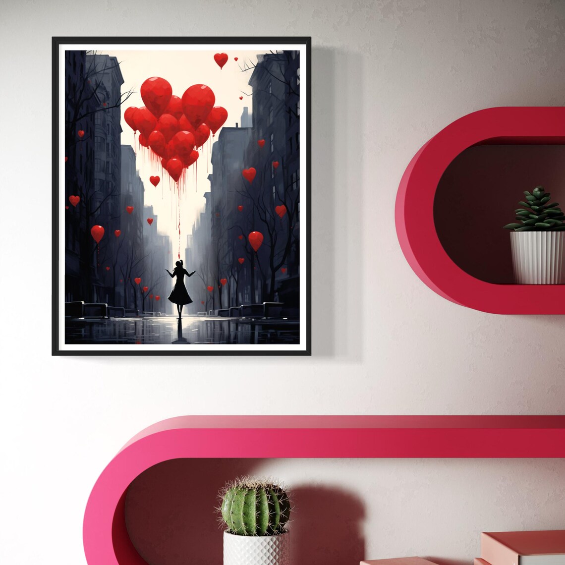 Silhouette Woman Red Heart Balloons Rainy City Street Poster - Image 5