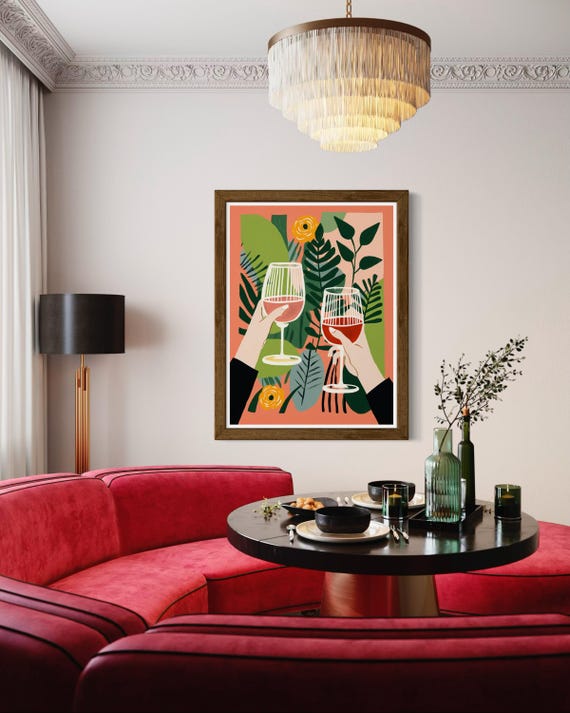 Cheers Botanical Wall Art Tropical Wine Illustration For Kitchen Or Bar Decor Modern Botanical Artwork With Pink And Green