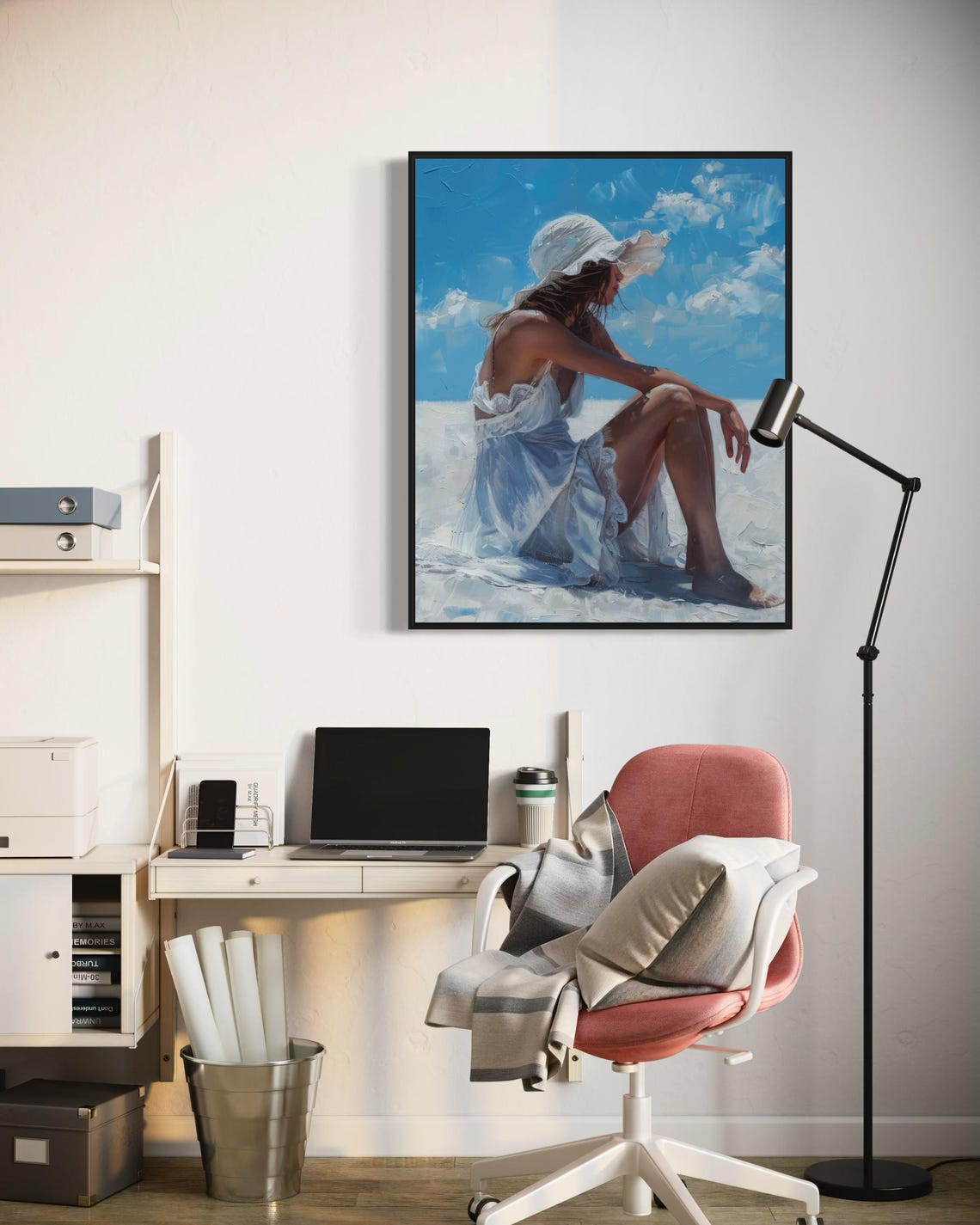 Elegant Woman Beach White Dress Sun Hat Summer Ocean Art Poster - Image 6