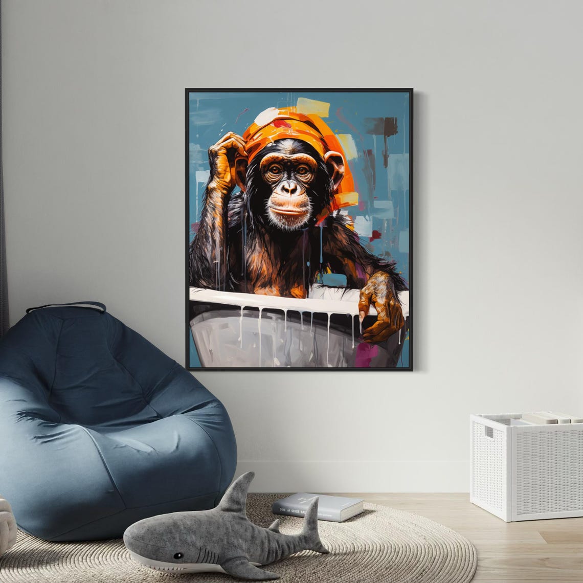 Chimpanzee in Bathtub Wearing Orange Turban Playful Art Poster