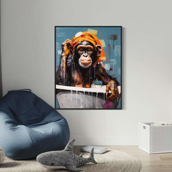 Chimpanzee in Bathtub Wearing Orange Turban Playful Art Poster