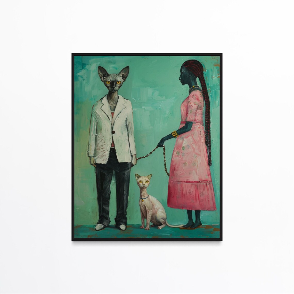 Surreal Sphynx Cat Couple Portrait With Pink Dress Woman Art Poster - Image 7