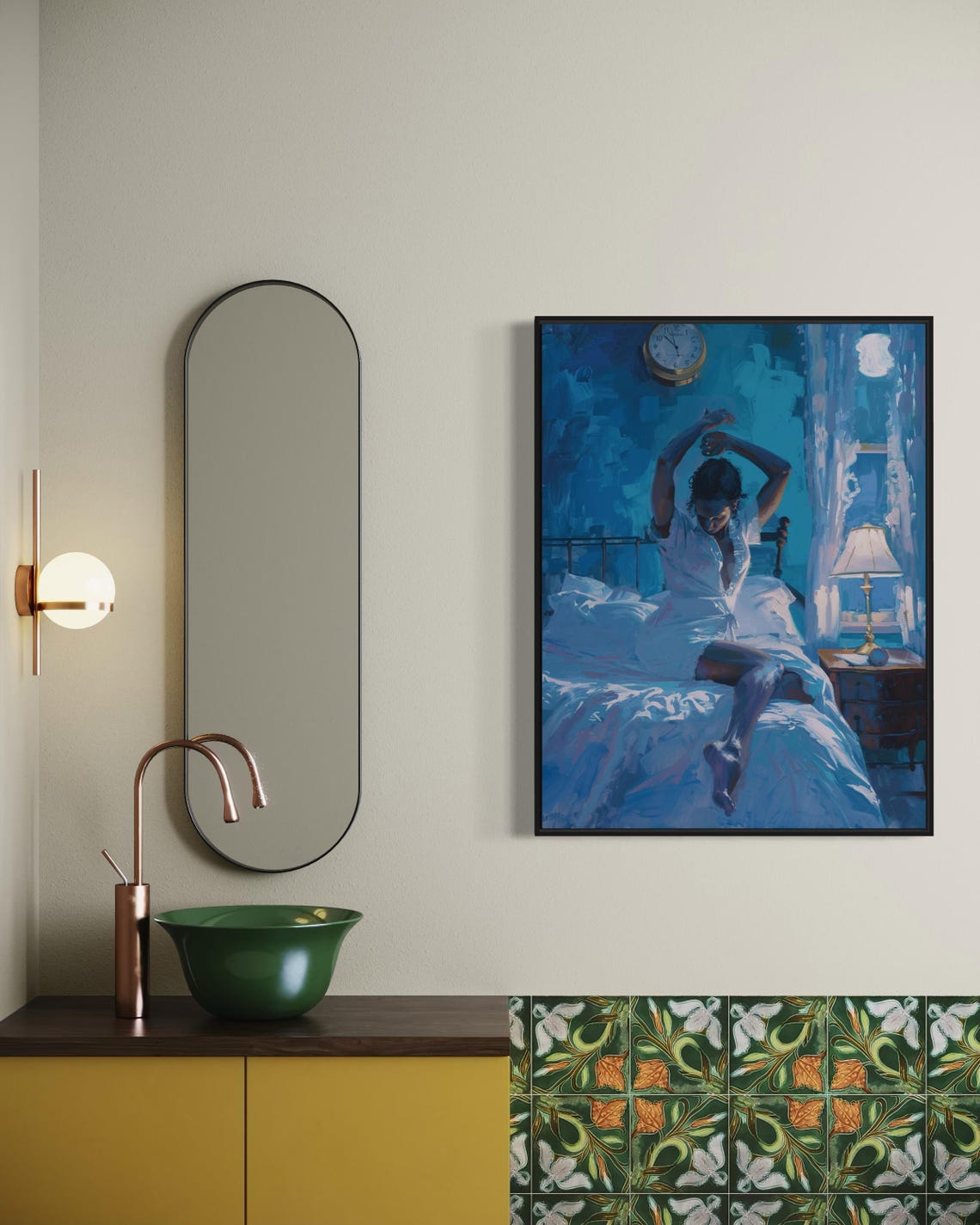Blue Night Woman Stretching Bed Dreamy Moonlit Bedroom Art Poster - Image 5
