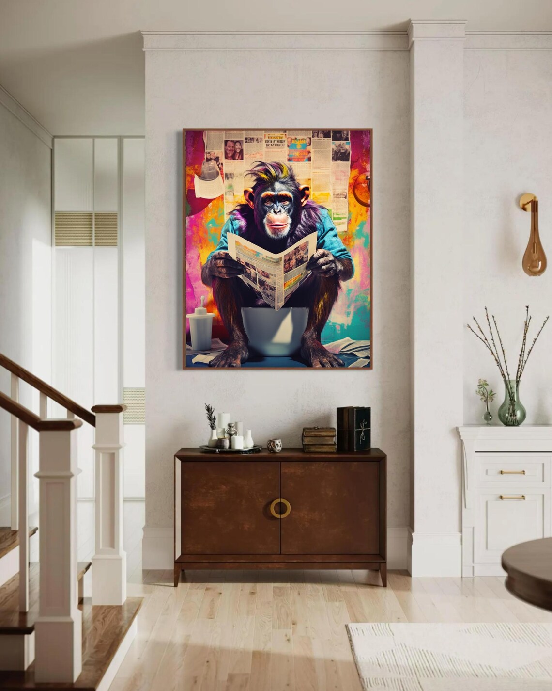 Funny Chimpanzee on Toilet Reading Newspaper Colorful Art Poster - Image 6