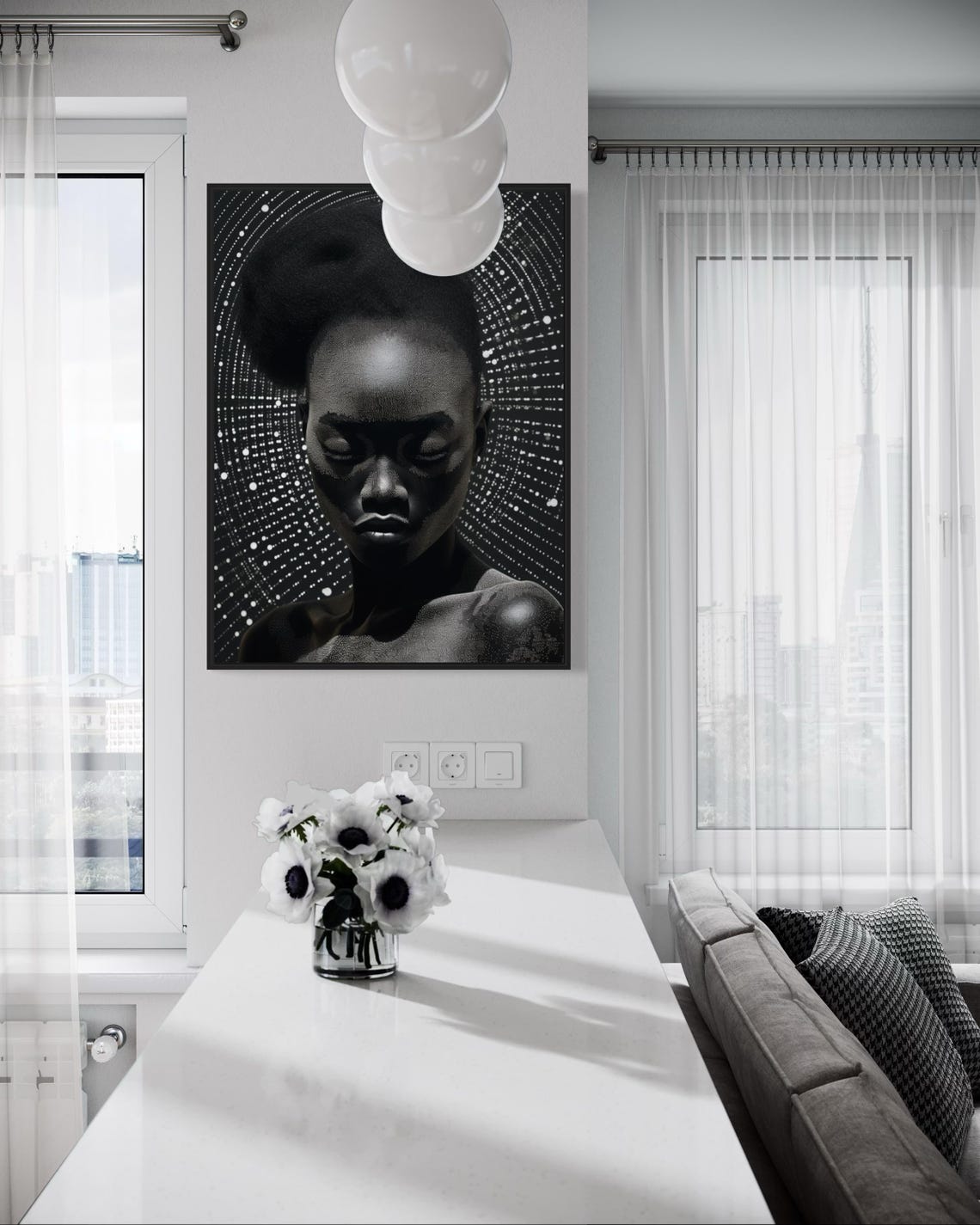Black and White Woman Portrait Dotted Starburst Dramatic Wall Art - Image 2