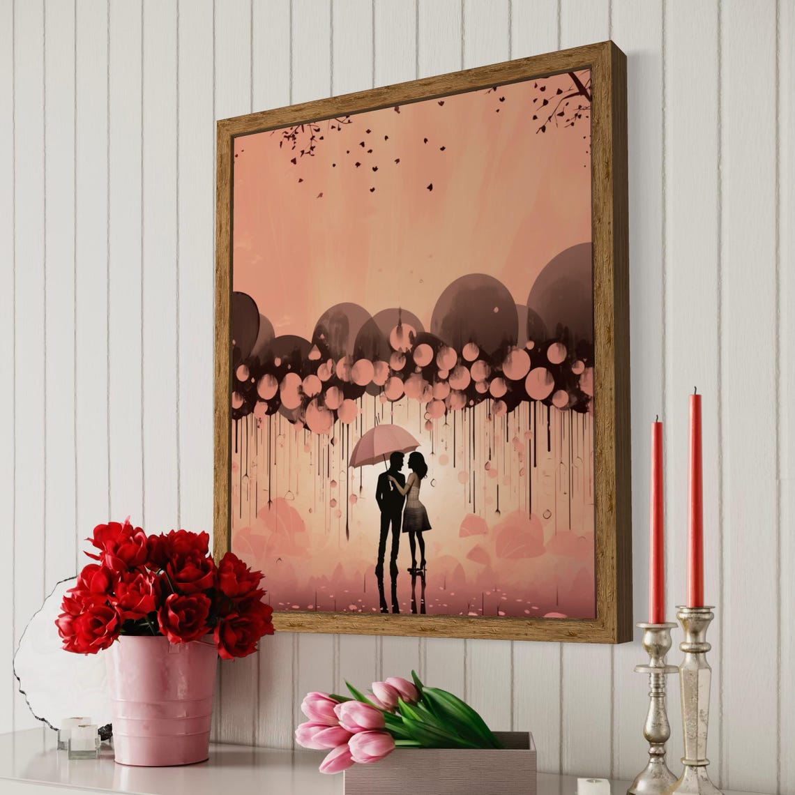 Couple Pink Umbrella Rain Silhouette Soft Romance Art Poster - Image 6