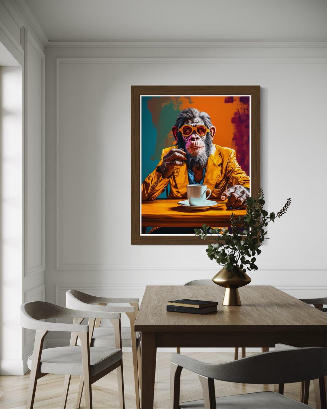 Chimpanzee In Orange Suit And Sunglasses Drinking Coffee Poster - Image 2