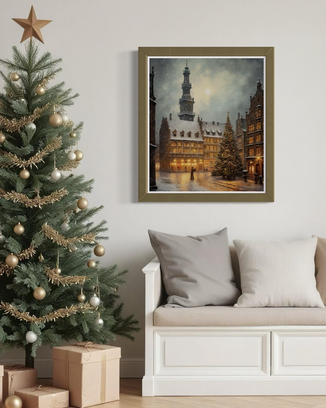 Snowy European Town Square Clock Tower Christmas Scene Poster - Image 7