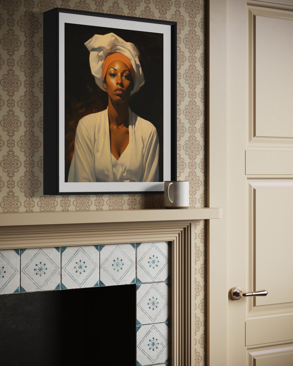 Elegant Black Woman White Headwrap Classic Portrait Afrocentric Print - Image 6