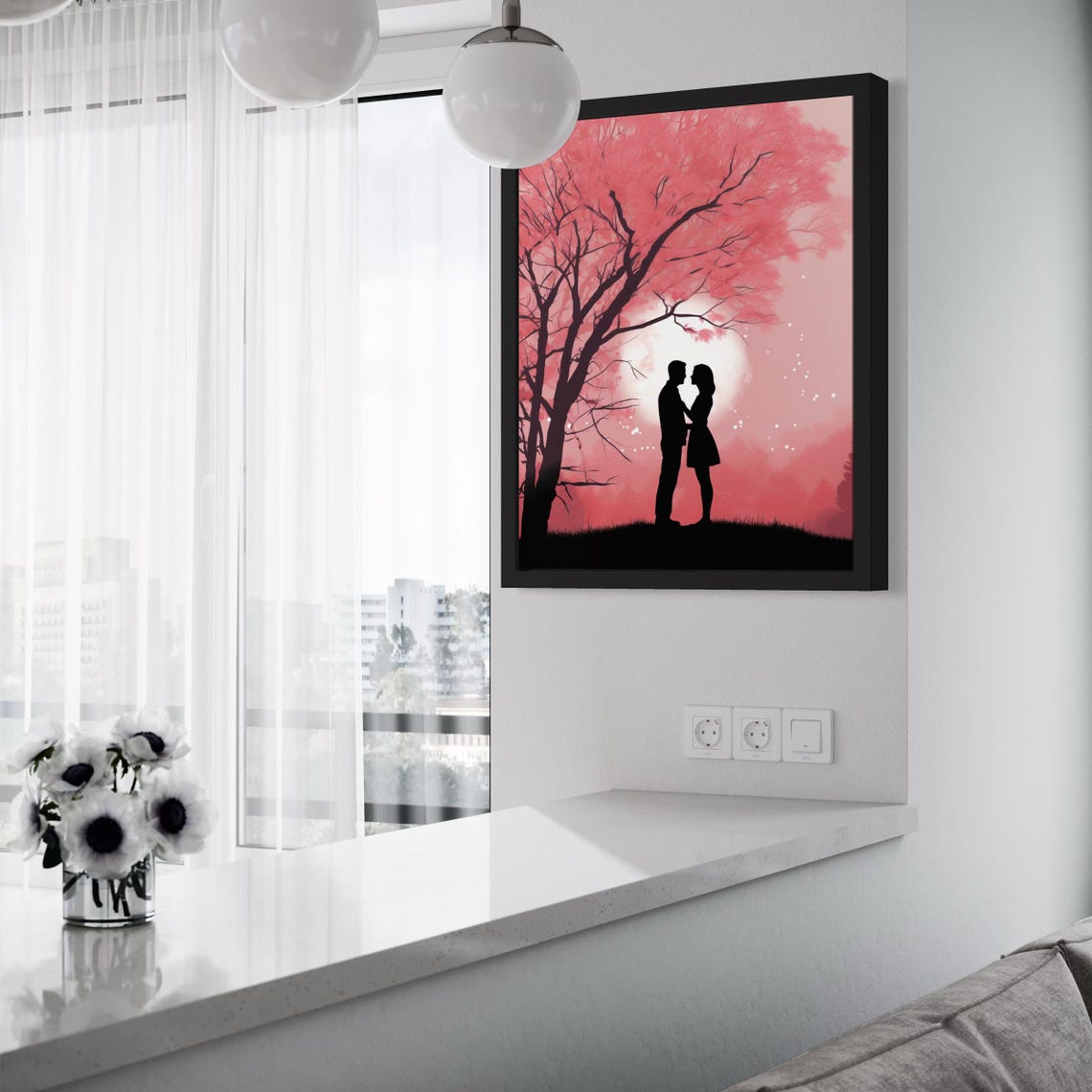 Cherry Blossom Couple Moonlight Romance Pink Dream Poster Home Decor - Image 2