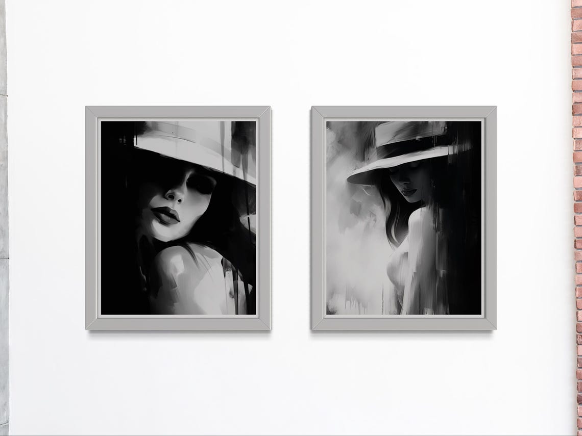 Two Piece Black And White Moody Woman Hat Portrait Wall Art Set