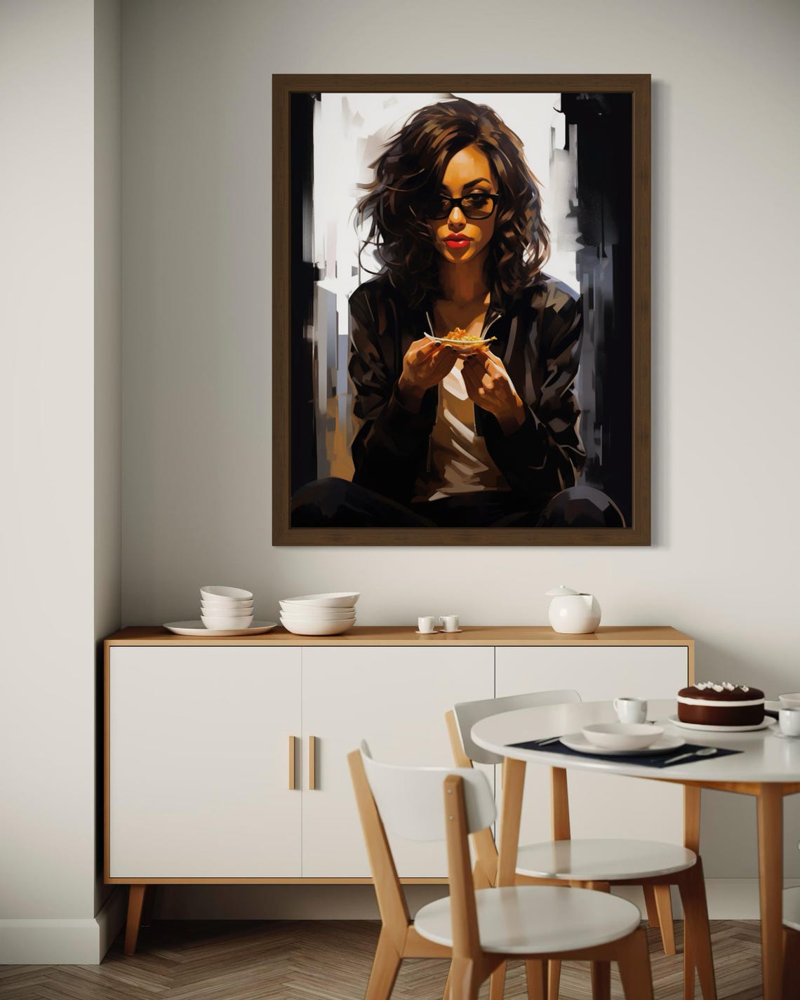 Stylish Woman With Sunglasses Eating Urban Brushstroke Art Poster - Image 4