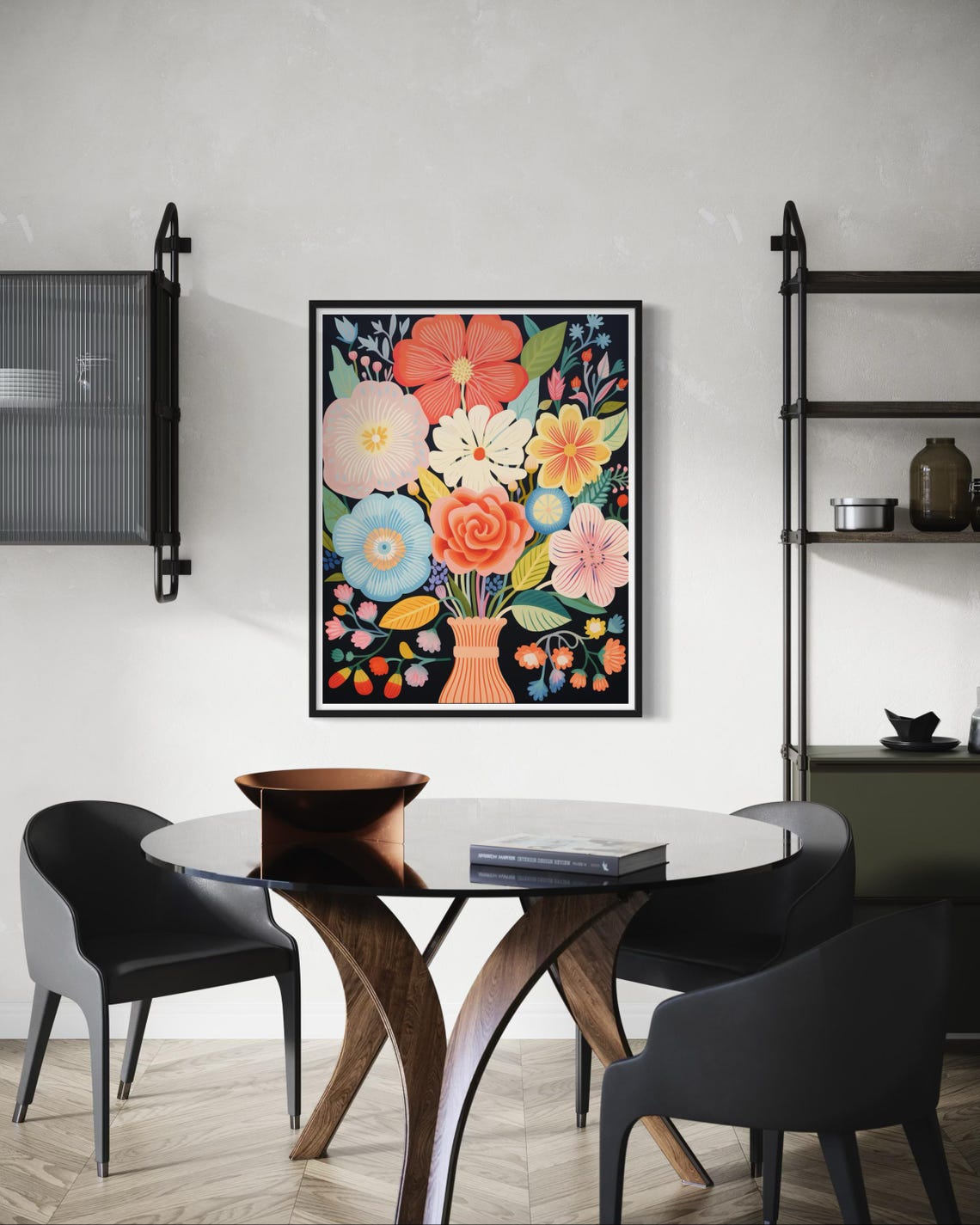 Coral And Blue Flower Bouquet In Vase On Black Botanical Poster