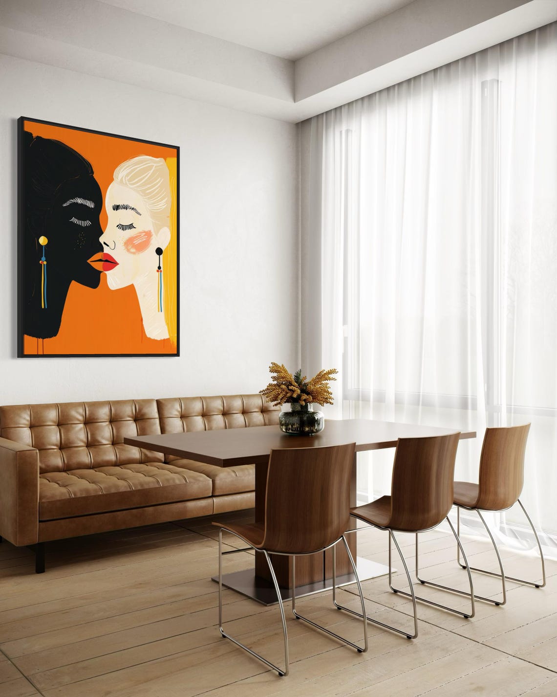 Two Women Faces Bold Modern Illustration Orange Background Wall Art - Image 5