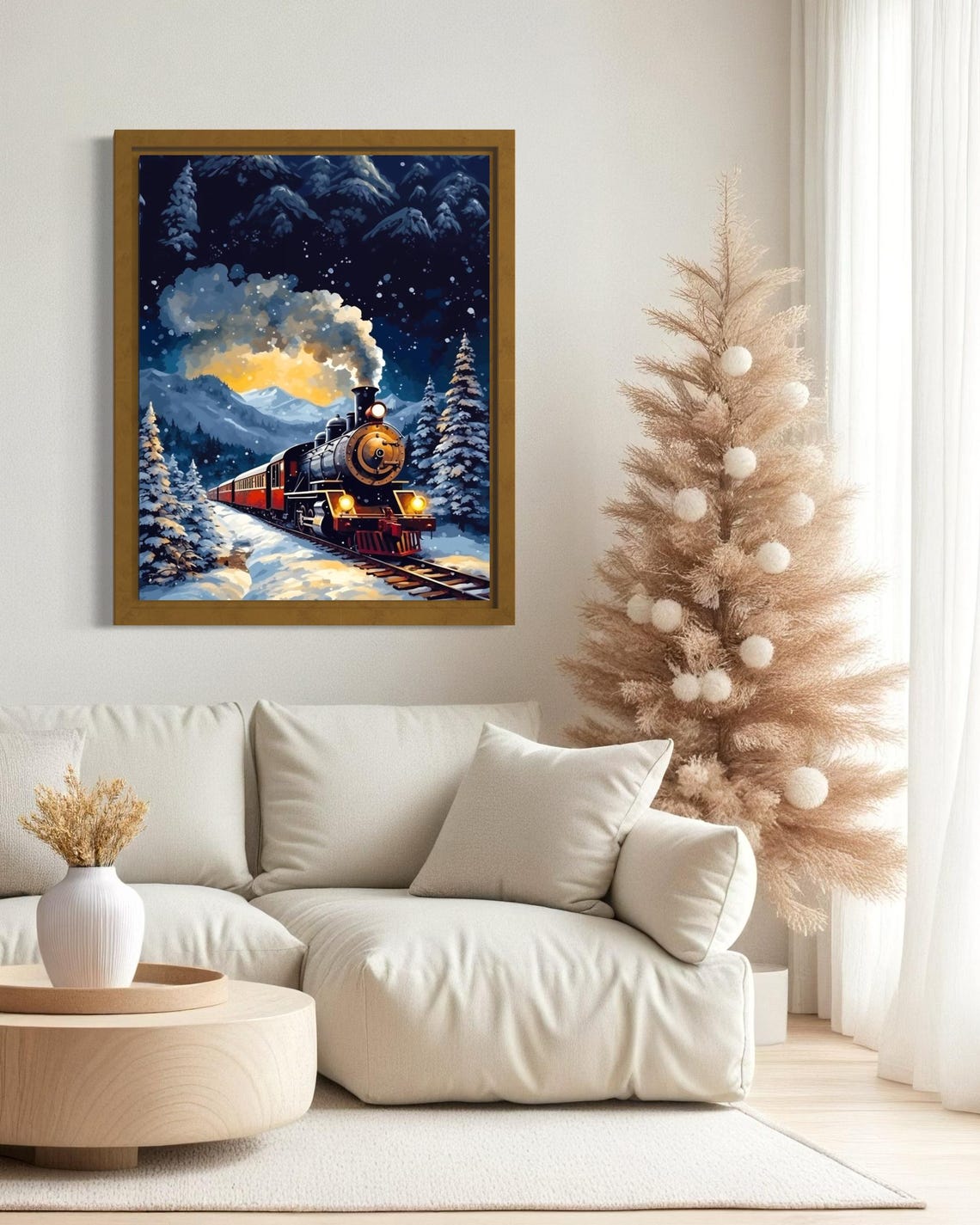 Vintage Christmas Train Snowy Mountain Night Winter Scene Poster - Image 2