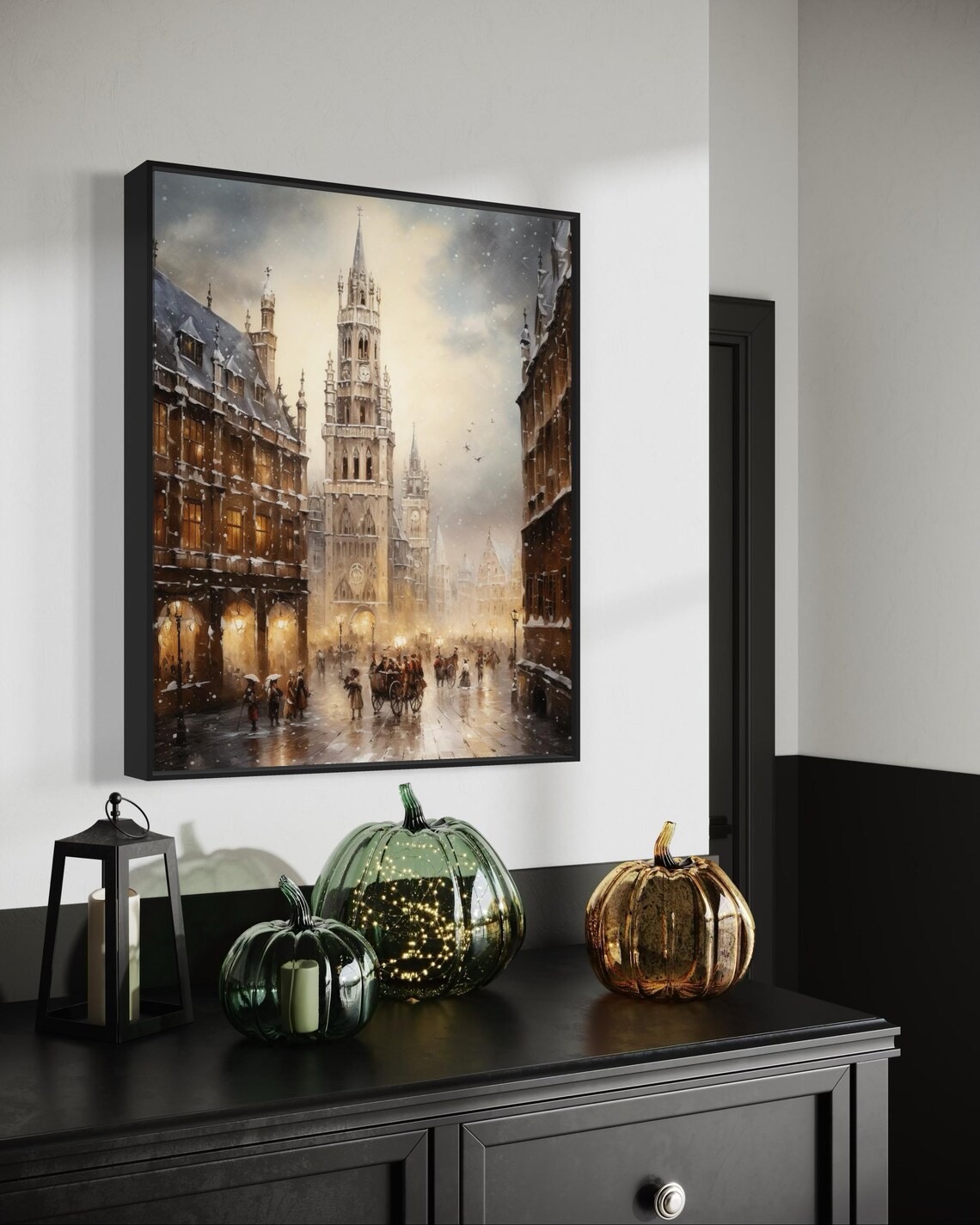 Snowy Old European City Gothic Cathedral Winter Street Scene Poster - Image 2