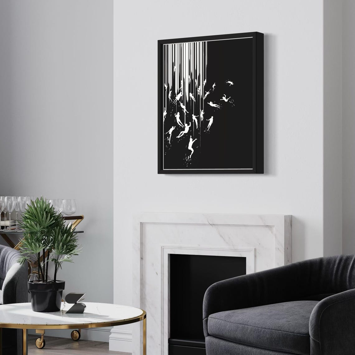 Falling Human Silhouettes Black and White Monochrome Modern Poster - Image 3