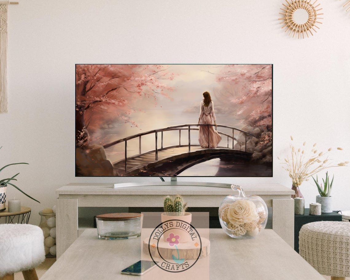 Woman Bridge Cherry Blossom Misty Lake Dreamy Calm Poster Home Decor - Image 3