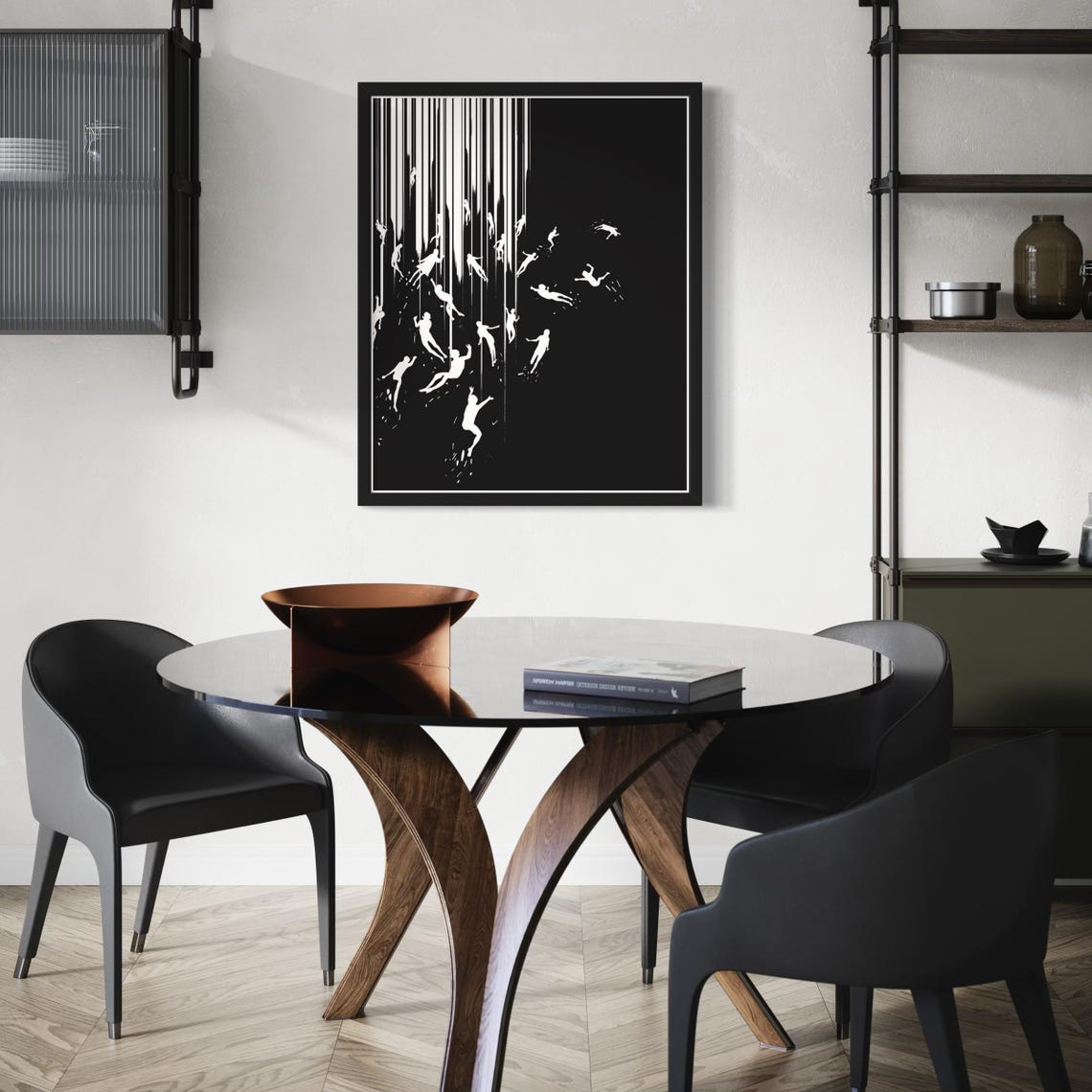 Falling Human Silhouettes Black and White Monochrome Modern Poster - Image 6