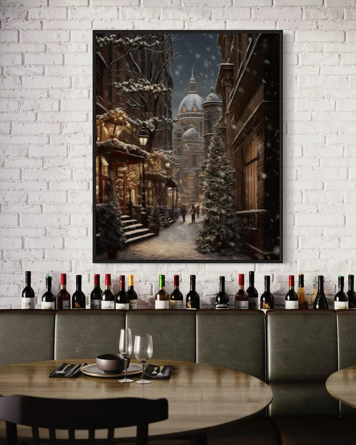 Snowy European Old Town Street Cathedral Christmas Night Scene Poster - Image 4