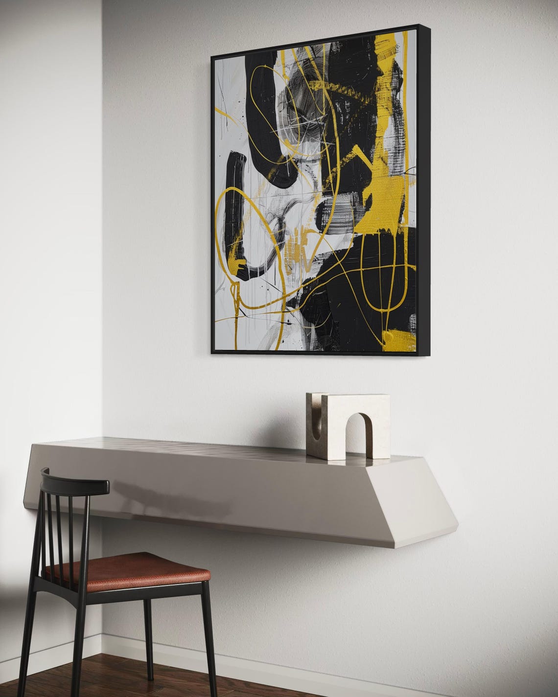 Bold Abstract Gestural Painting Black White Yellow Modern Art Poster - Image 2