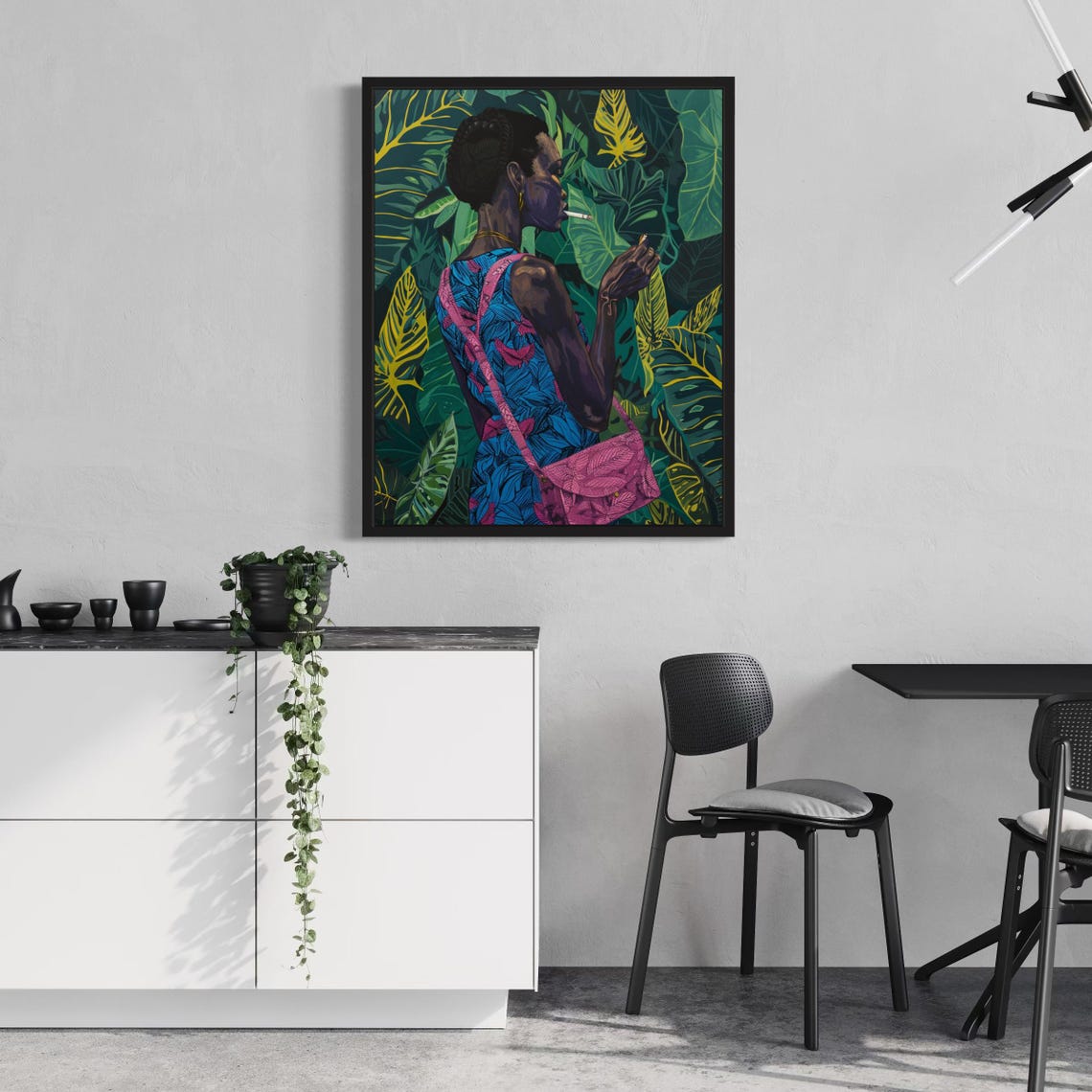 Black Woman in Blue Dress Smoking Cigarette Jungle Leaf Art Poster - Image 4