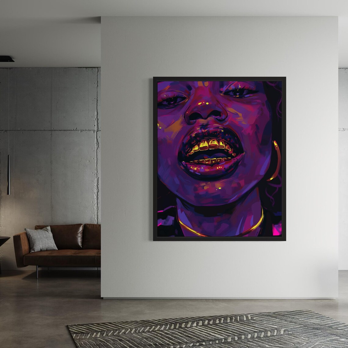 Neon Purple Portrait With Gold Grillz and Hoop Earring Art Poster - Image 4