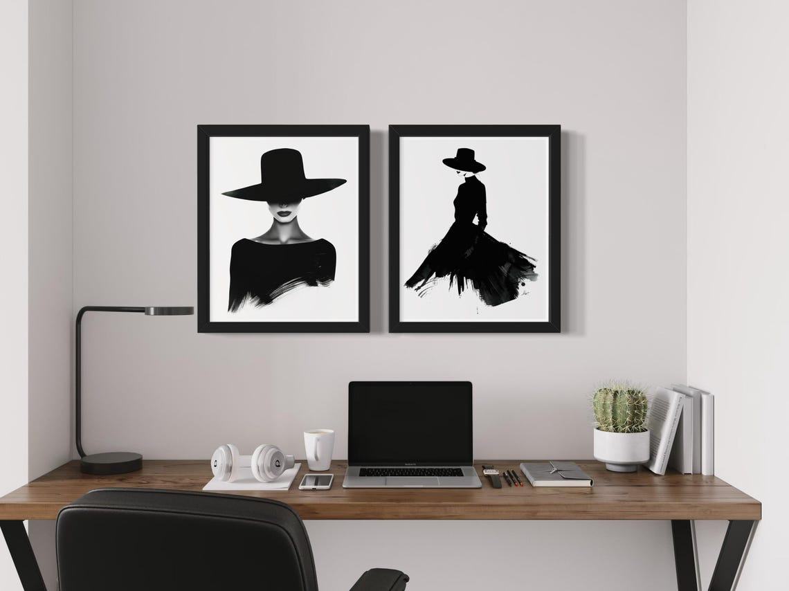 Two Piece Black And White Woman With Hat Portrait Art Print Set - Image 3